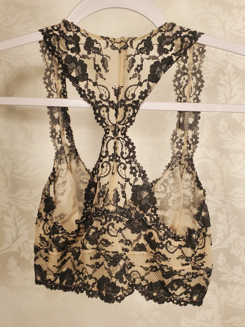 Free People Black Lace Overlay Racerback Bralette on Cream - Picture 2 of 6